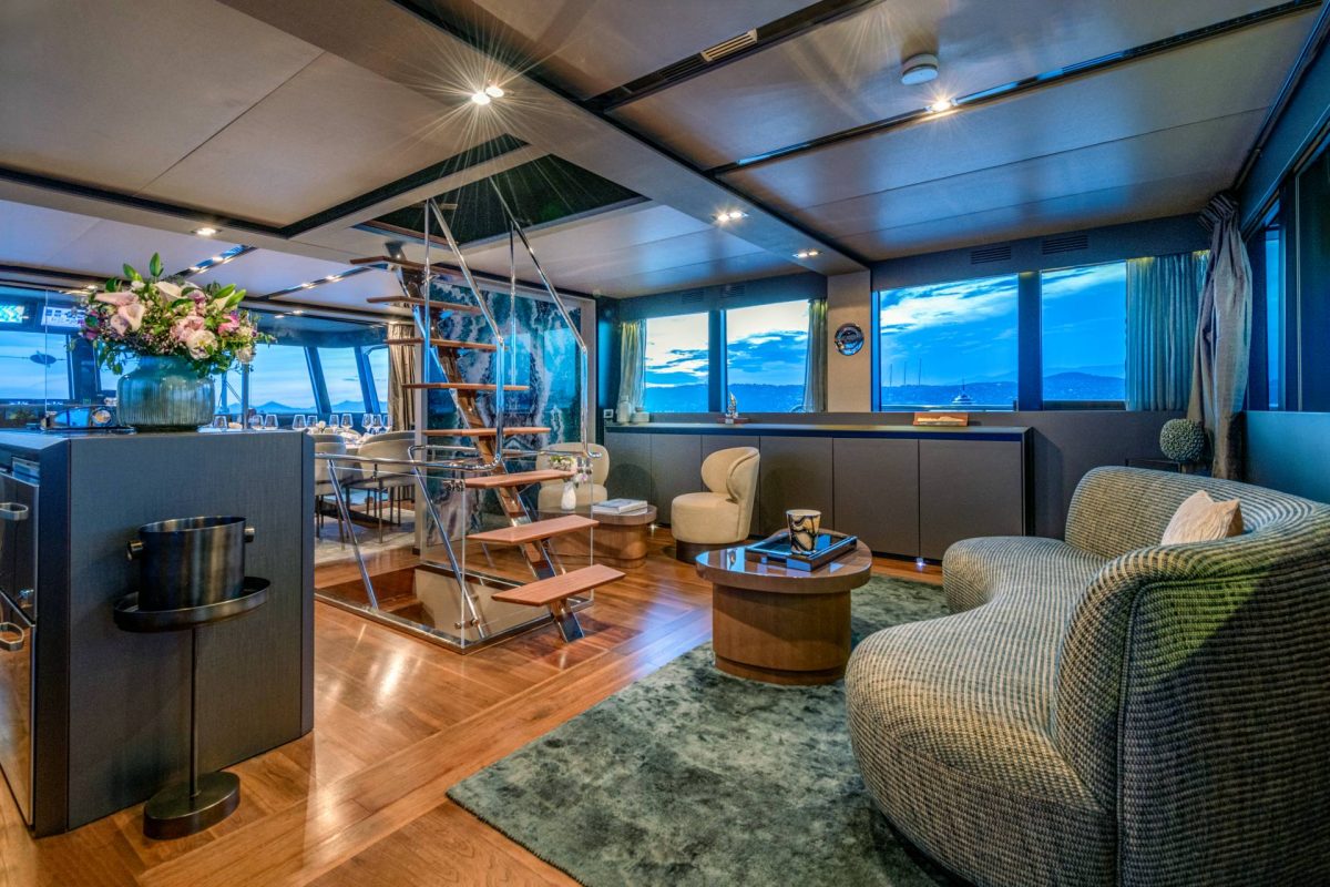 New saloon of KOKONUT'S WALLY with the new staircase leading to the new upper deck master cabin